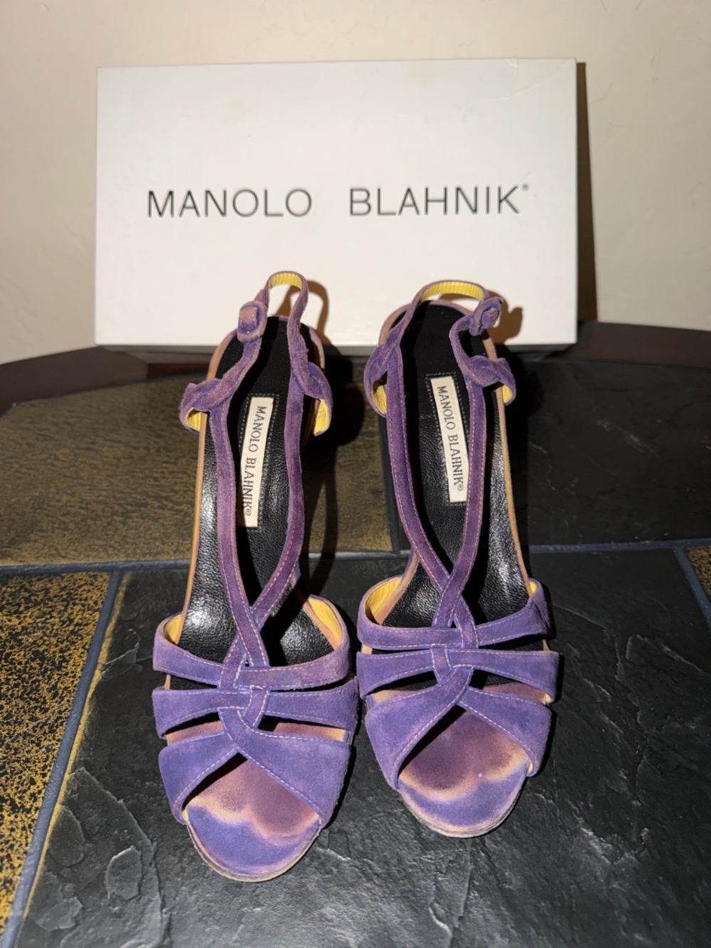 Manolo Blahnik Purple Suede Strappy Heels with Ankle Tie